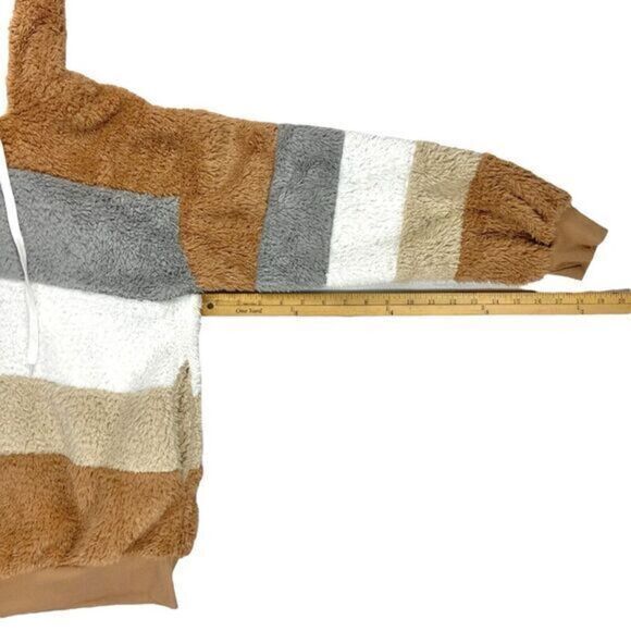 Womens XL Brown/Tan/Gray Stripe Colorblock Zip Front Cuddly Fuzzy Hooded Jacket - Picture 11 of 14